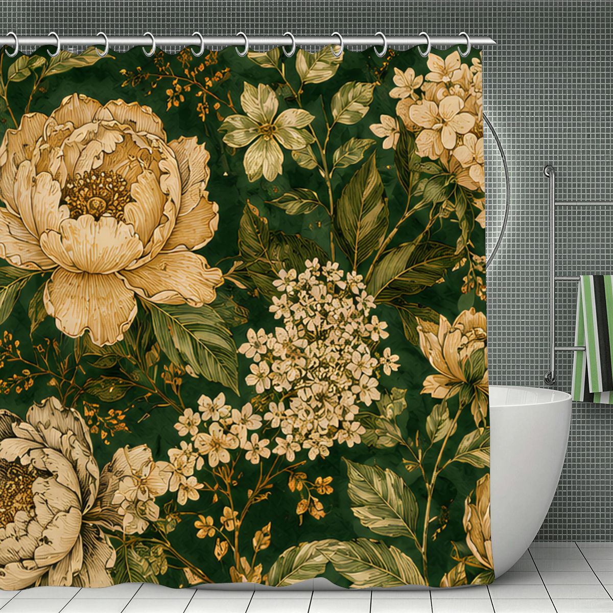Dark Green Vintage Botanical Shower Curtain | Peony & Wildflower Bathroom Decor