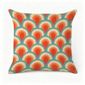 Retro 70s style throw pillow with orange, cream, and teal scalloped wave pattern.