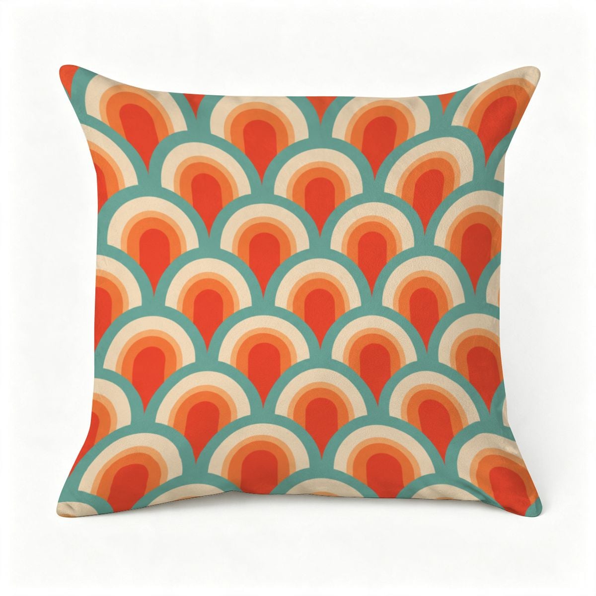 Retro 70s style throw pillow with orange, cream, and teal scalloped wave pattern.