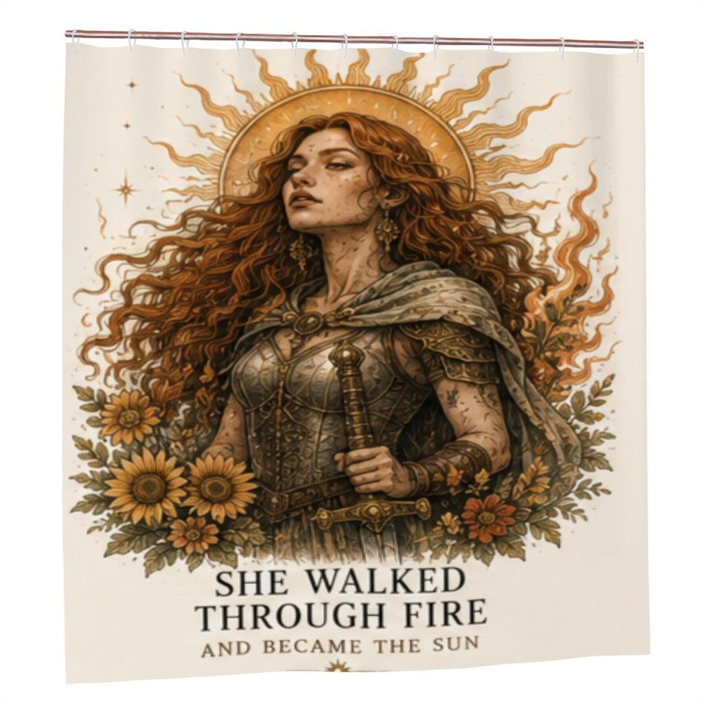 She Walked Through Fire and Became the Sun Shower Curtain – Warrior Goddess Sunflower Armor Bathroom Decor