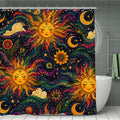 Bohemian celestial shower curtain featuring suns, moons, and stars in vibrant colors.