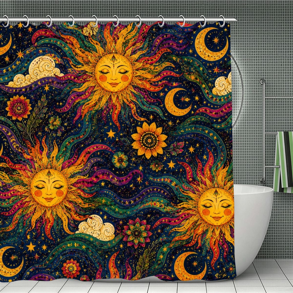 Bohemian celestial shower curtain featuring suns, moons, and stars in vibrant colors.