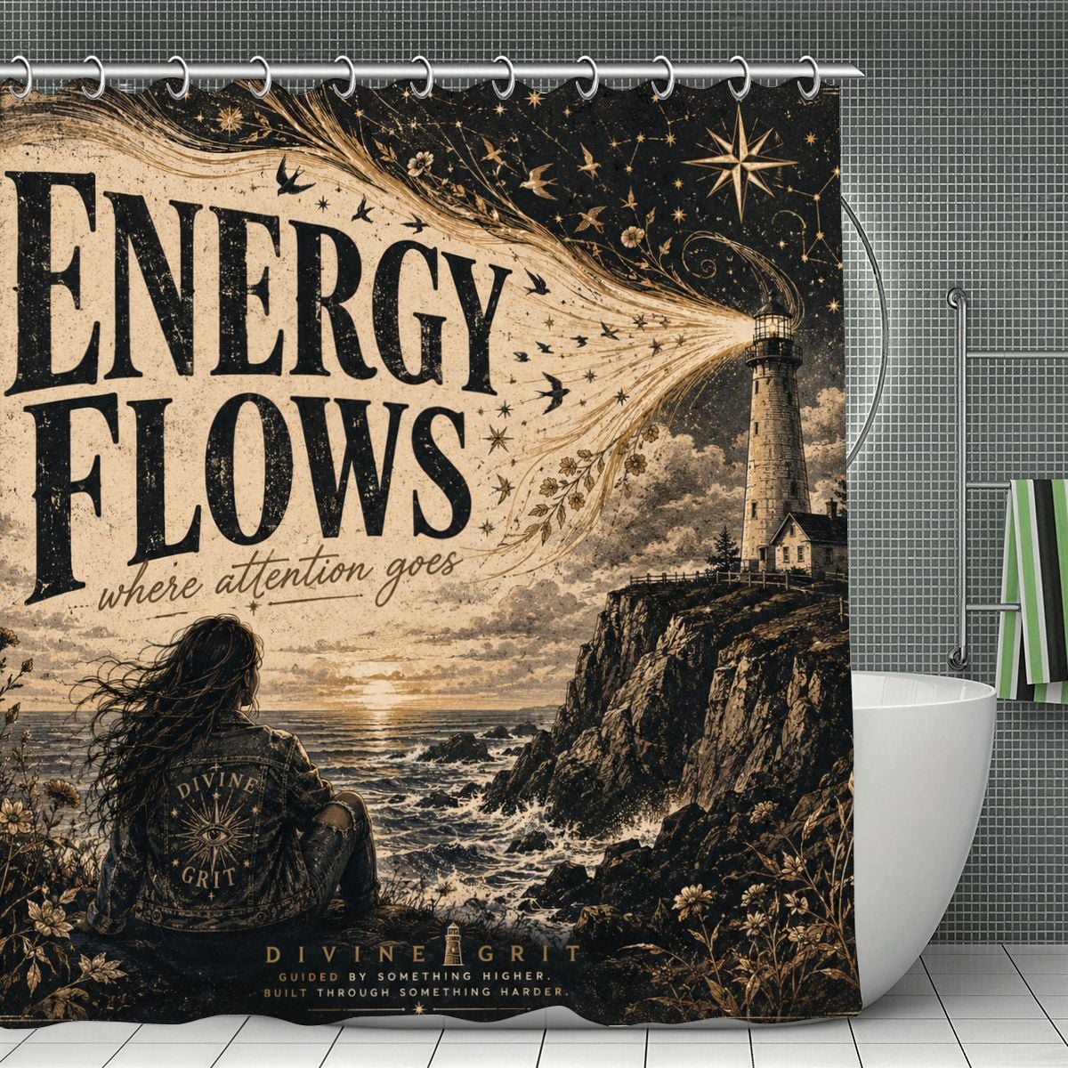 Energy Flows where attention goes shower curtain featuring a lighthouse and coastal landscape.