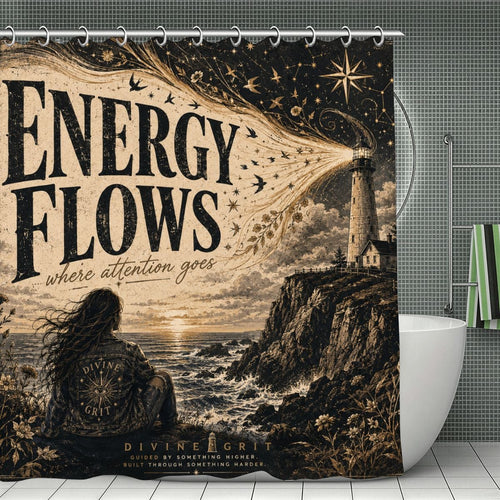 Energy Flows where attention goes shower curtain featuring a lighthouse and coastal landscape.