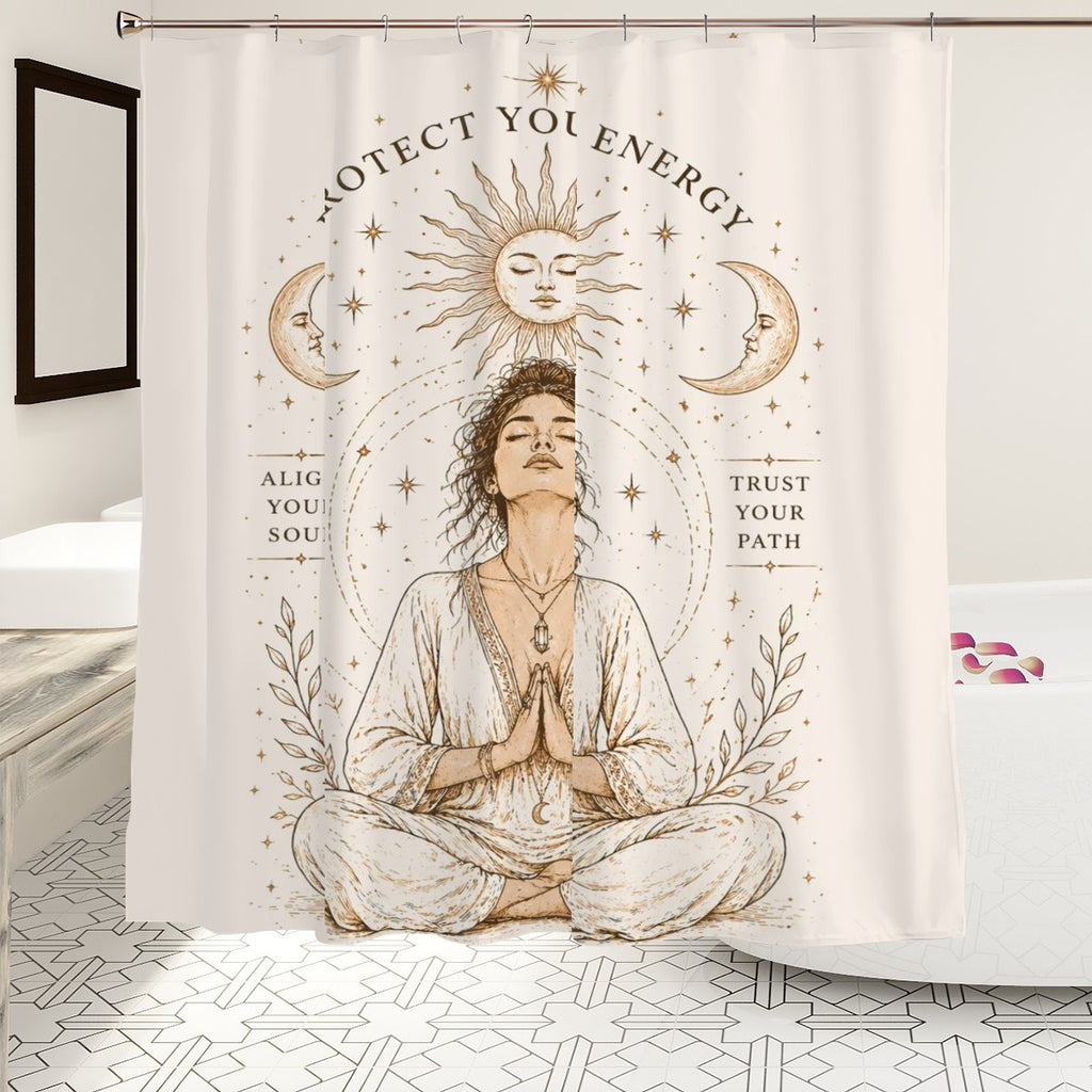 Sandy Beach bathroom decor shower curtain with ocean-themed design, hanging in a modern bathroom setting.