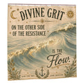 Sandy Beach Divine Grit Flow shower curtain with ocean waves and inspirational text.