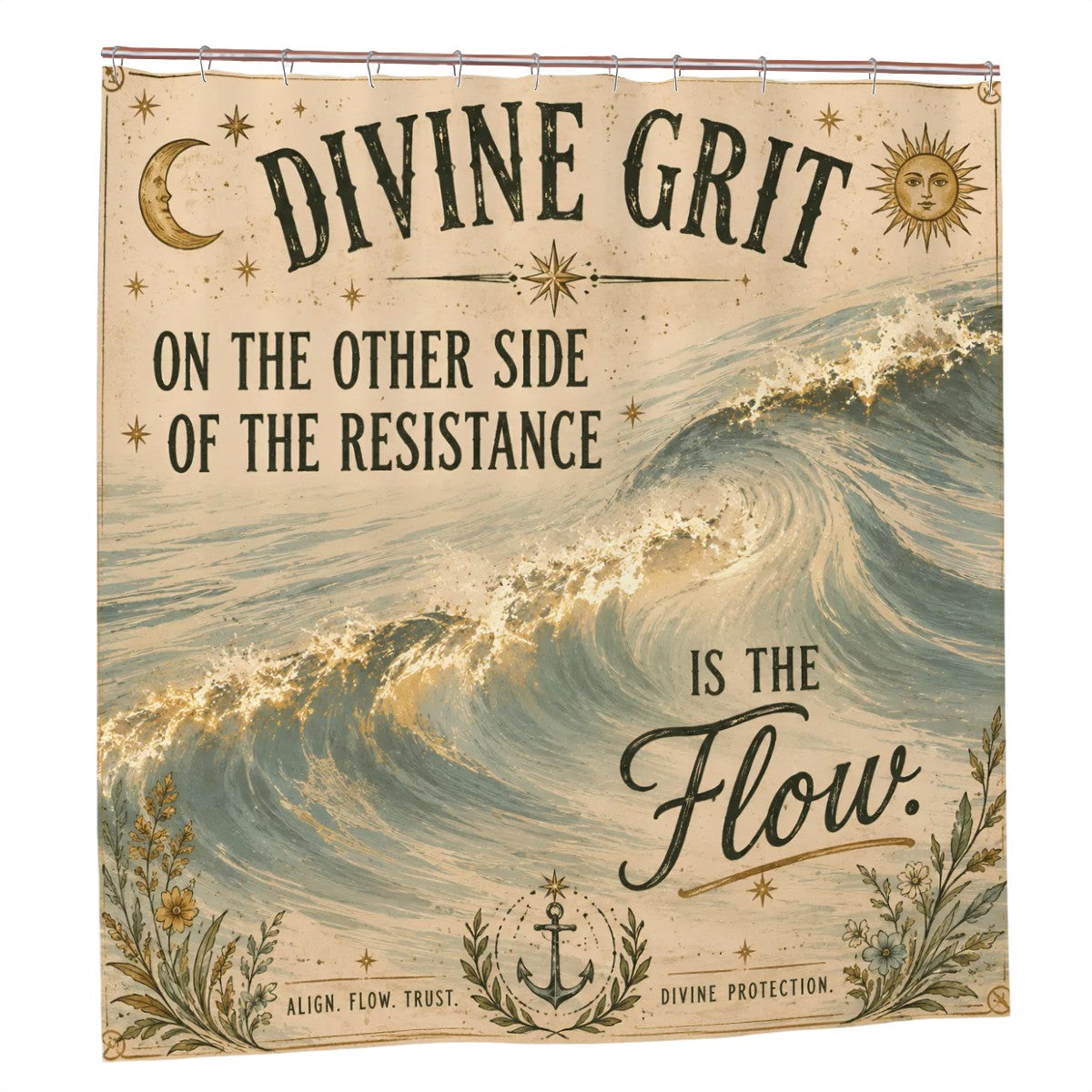 Sandy Beach Divine Grit Flow shower curtain with ocean waves and inspirational text.
