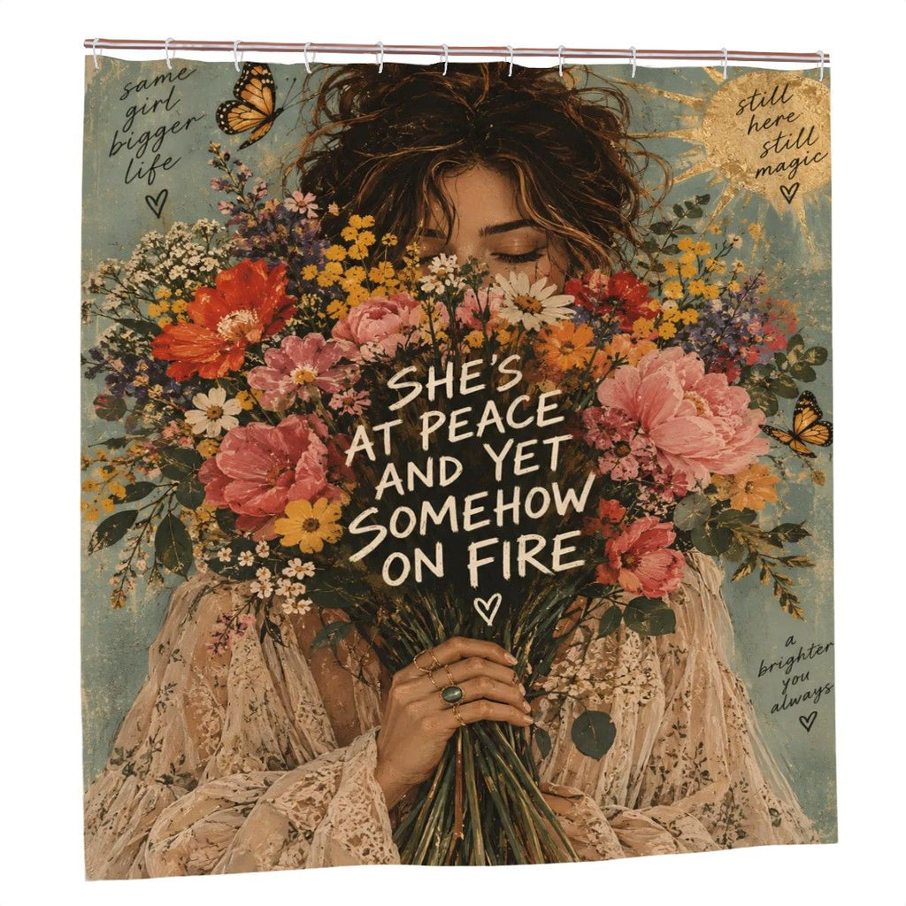 At Peace and Yet On Fire Shower Curtain - 72" x 72" Floral Woman Art