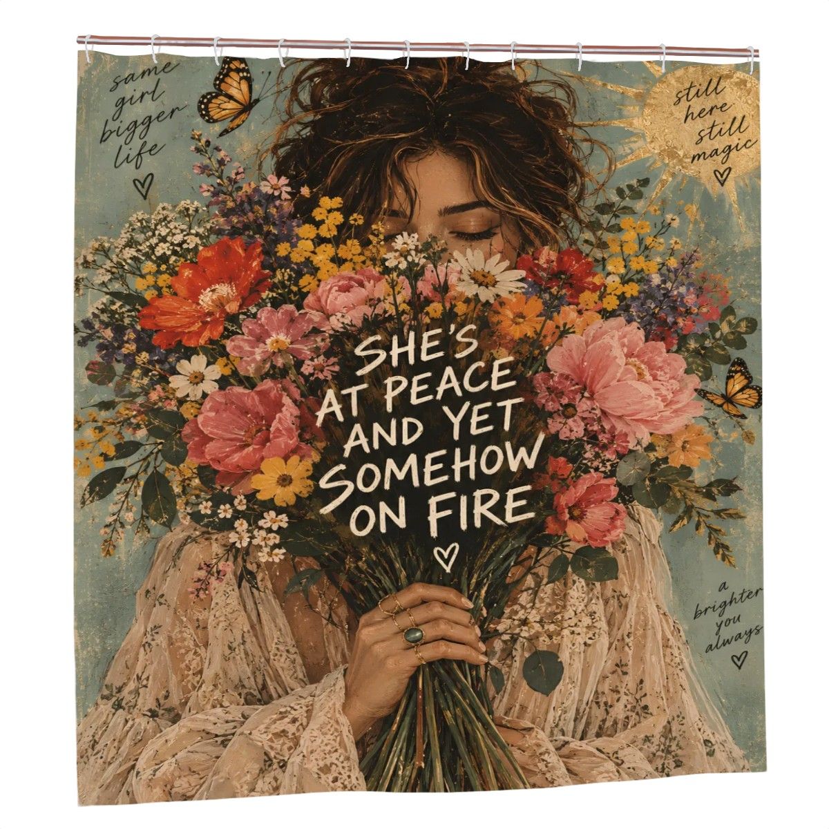 At Peace and Yet On Fire Shower Curtain - 72" x 72" Floral Woman Art