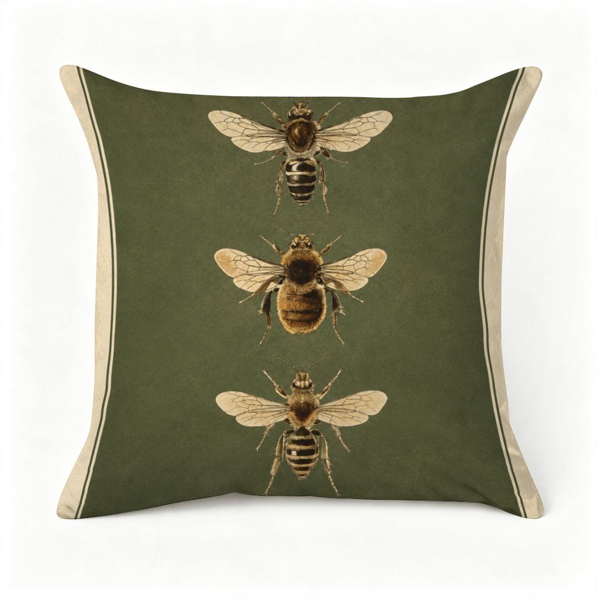 Decorative green throw pillow featuring vintage botanical illustrations of three different bees.