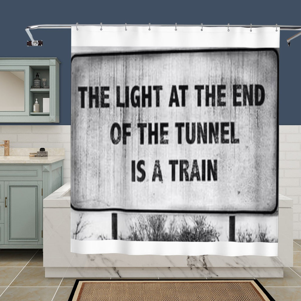 Sandy Beach train shower curtain with colorful train design, ideal for bathroom decor, featuring vibrant train images on fabric.