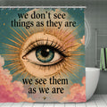 Boho style shower curtain featuring a large mystical eye with inspirational quote text.