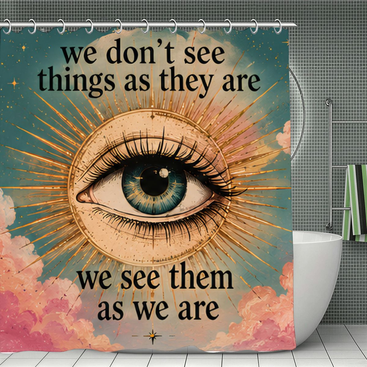 Boho style shower curtain featuring a large mystical eye with inspirational quote text.