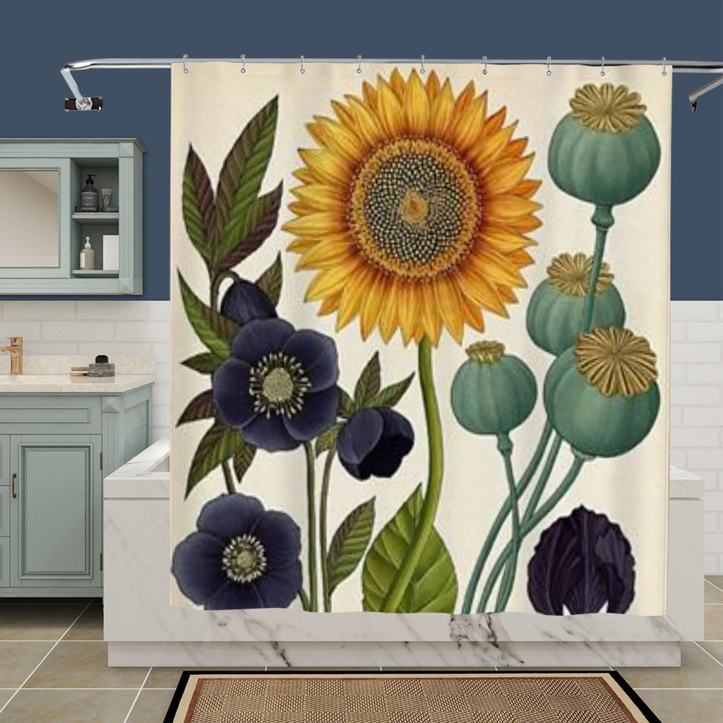 Vintage botanical shower curtain by Sandy Beach featuring detailed floral botanical print for bathroom decor