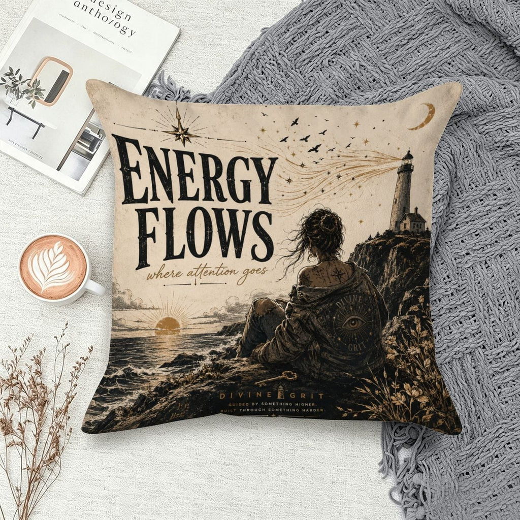 Decorative throw pillow featuring a woman by a lighthouse with 'Energy Flows Where Attention Goes' text.