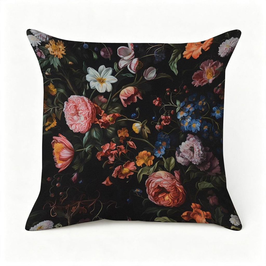 Decorative throw pillow with vintage dark floral pattern featuring pink and white roses.