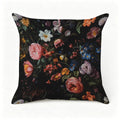 Decorative throw pillow with vintage dark floral pattern featuring pink and white roses.