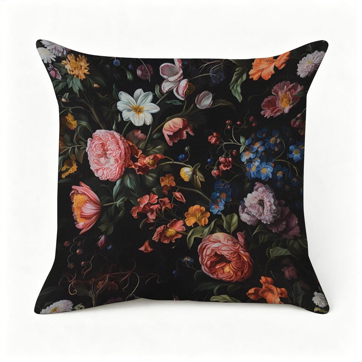 Decorative throw pillow with vintage dark floral pattern featuring pink and white roses.
