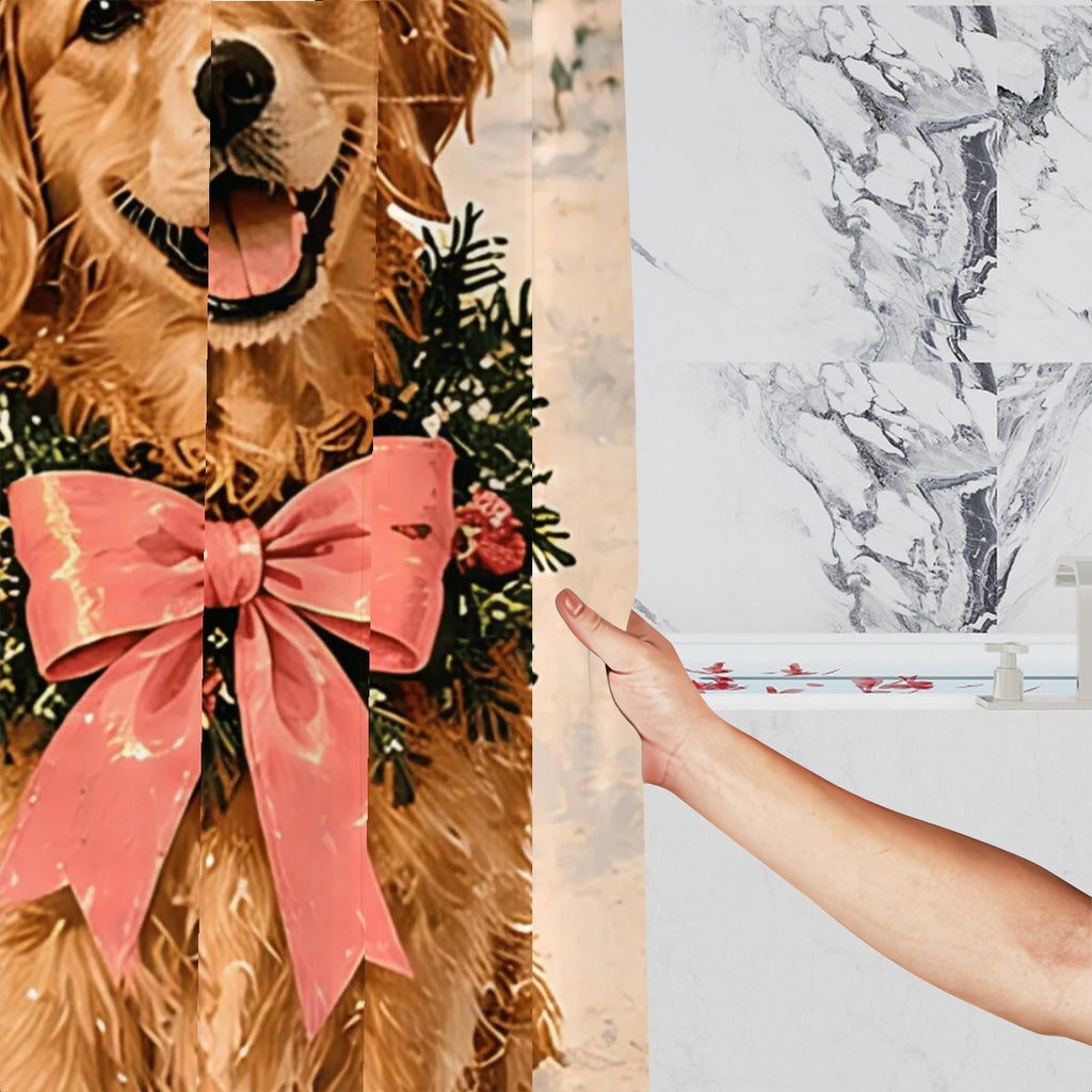 Golden Retriever Christmas Shower Curtain | Pink Bow & Winter Evergreens