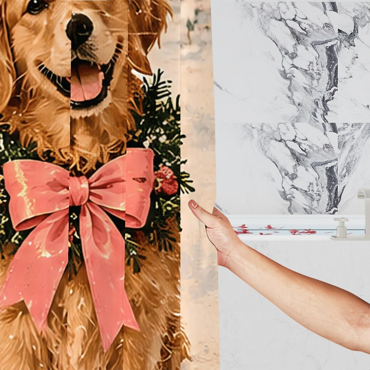 Golden Retriever Christmas Shower Curtain | Pink Bow & Winter Evergreens