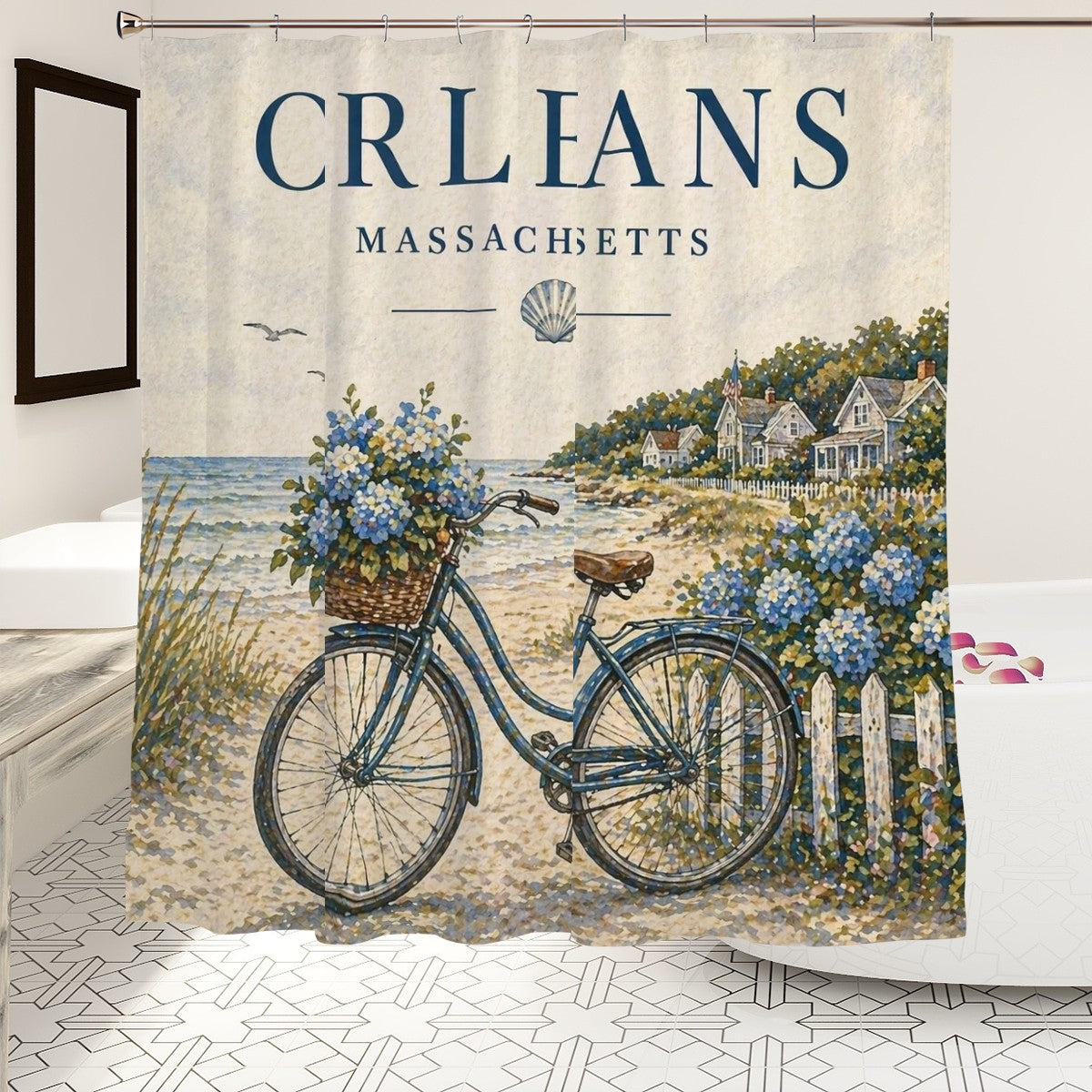 Sandy Beach bathroom decor shower curtain with ocean wave design hanging in a modern bathroom setting