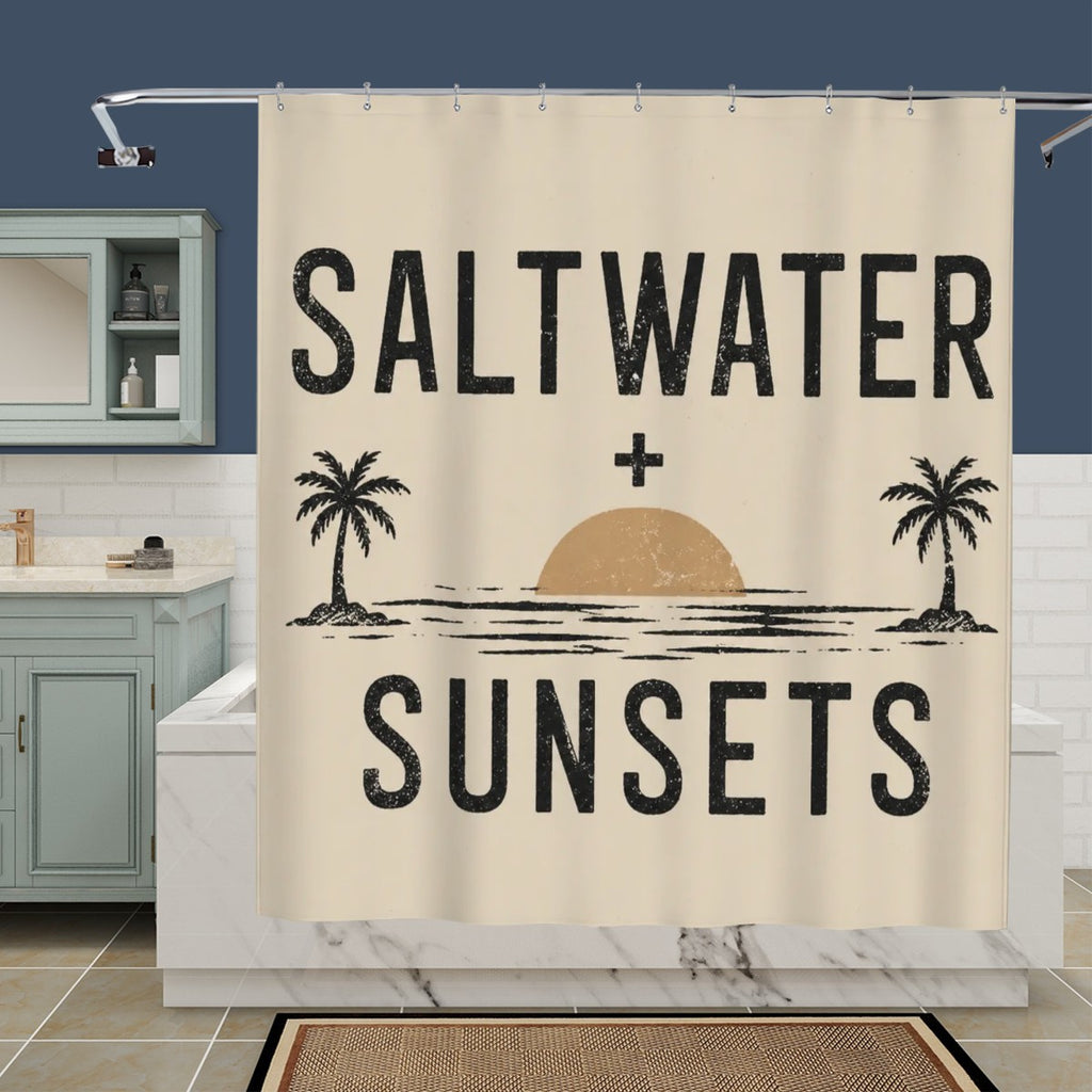 Sandy Beach bathroom decor shower curtain with ocean wave design hanging in a modern bathroom setting