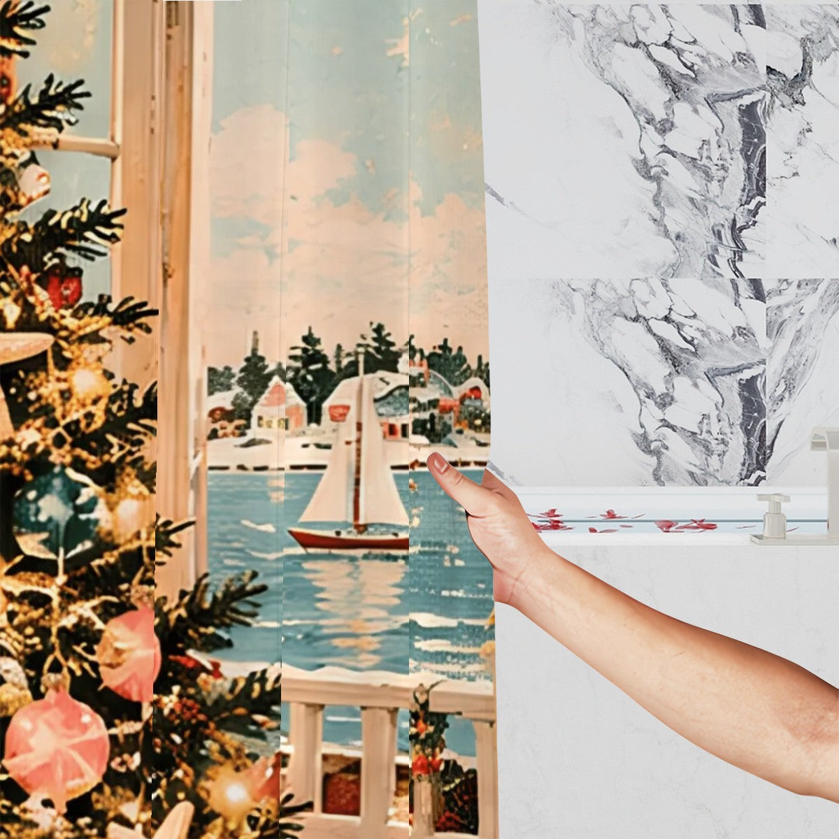 Coastal Christmas Tree Shower Curtain | Starfish Ornaments & Harbor View