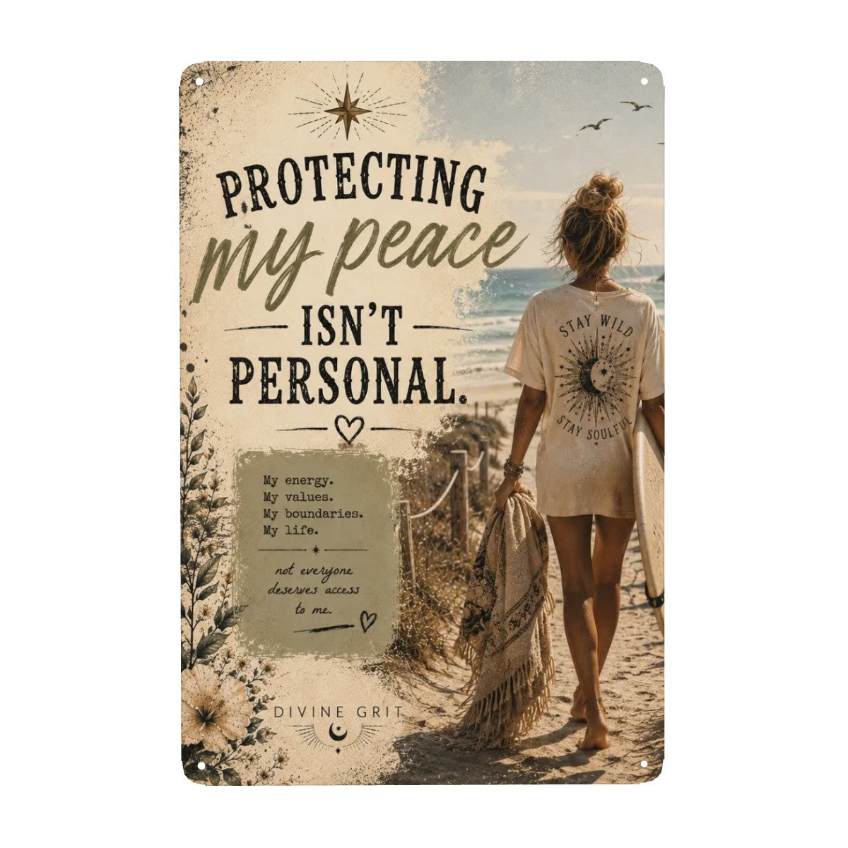 Vintage style garden flag featuring a woman walking on a beach with the text Protecting My Peace.