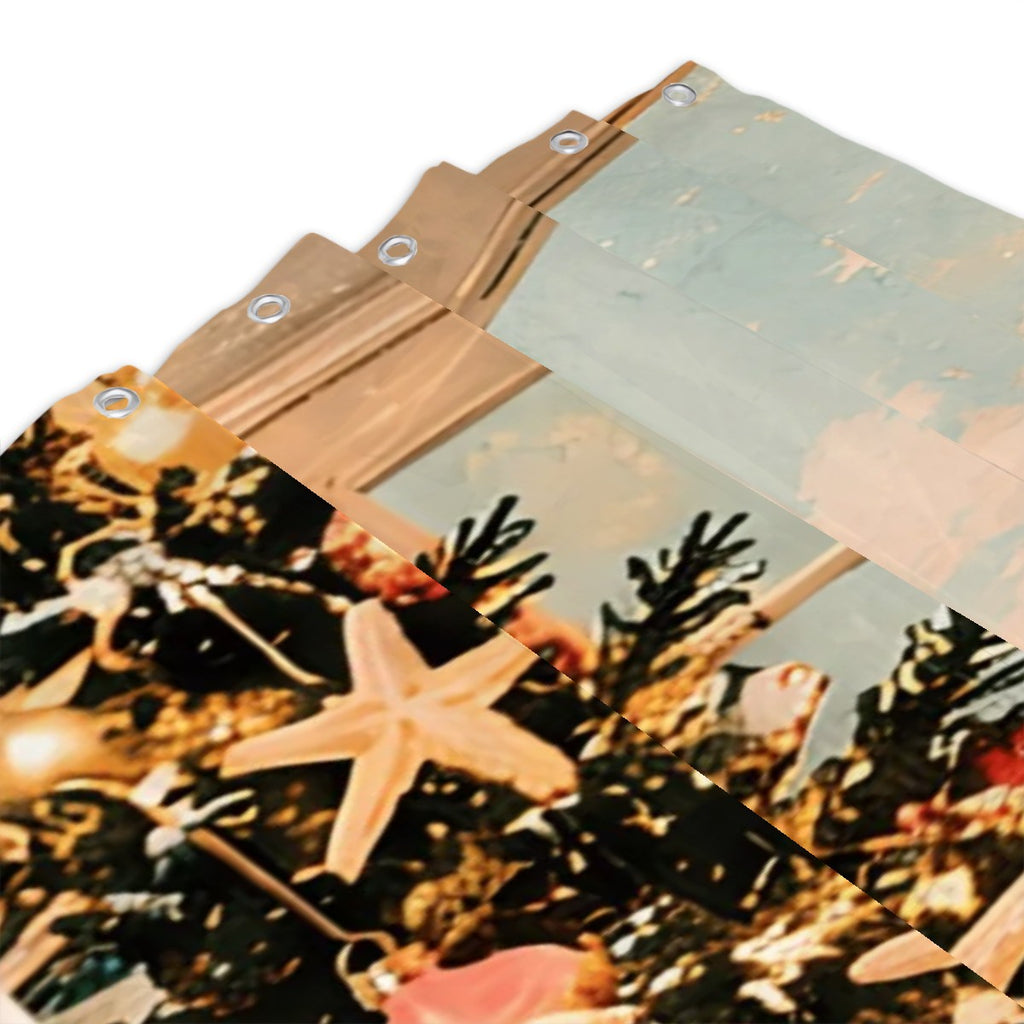 Coastal Christmas Tree Shower Curtain | Starfish Ornaments & Harbor View