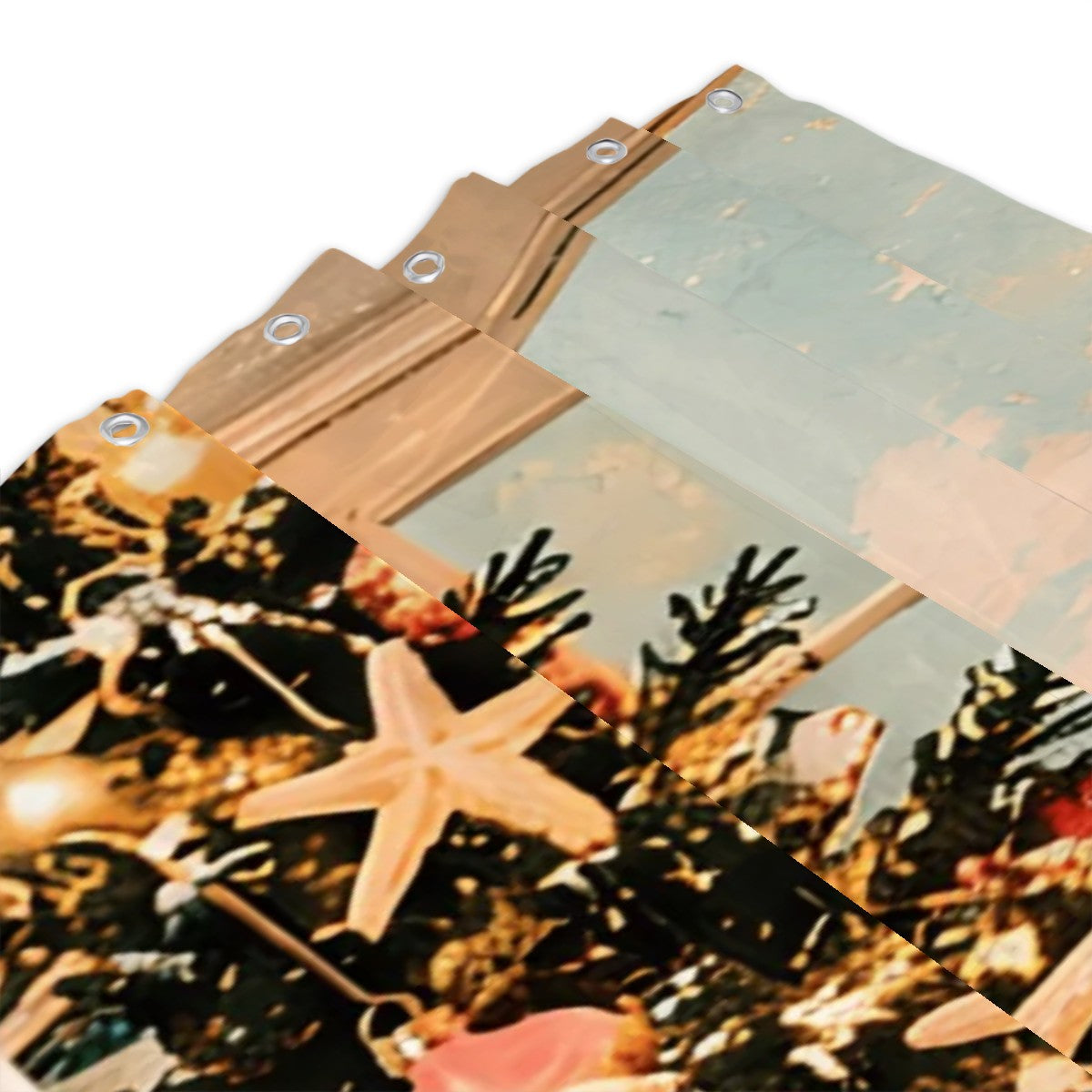 Coastal Christmas Tree Shower Curtain | Starfish Ornaments & Harbor View