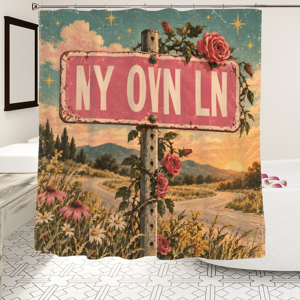 My Own Lane Shower Curtain - 72" x 72" Rustic Floral Road Sign Decor