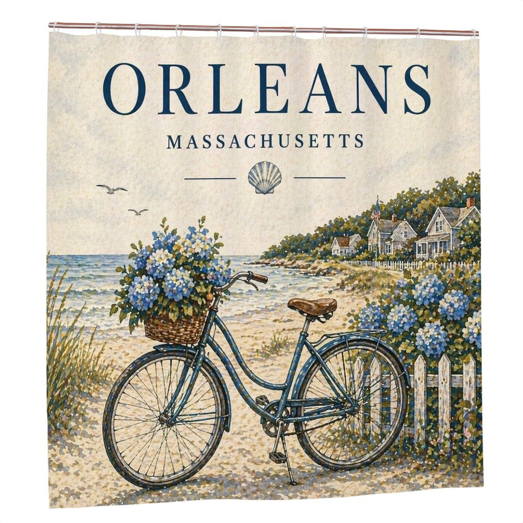 Sandy Beach bathroom decor shower curtain featuring a coastal beach scene with seashells and ocean waves.