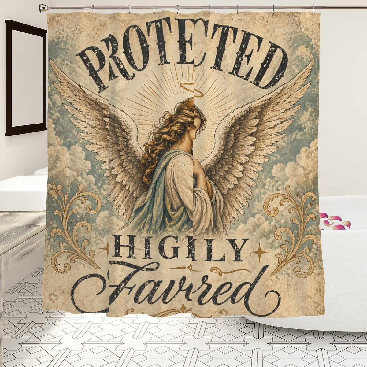 Sandy Beach angel-themed shower curtain with faith-based Christian design, vintage spiritual bathroom decor for a serene home aesthetic