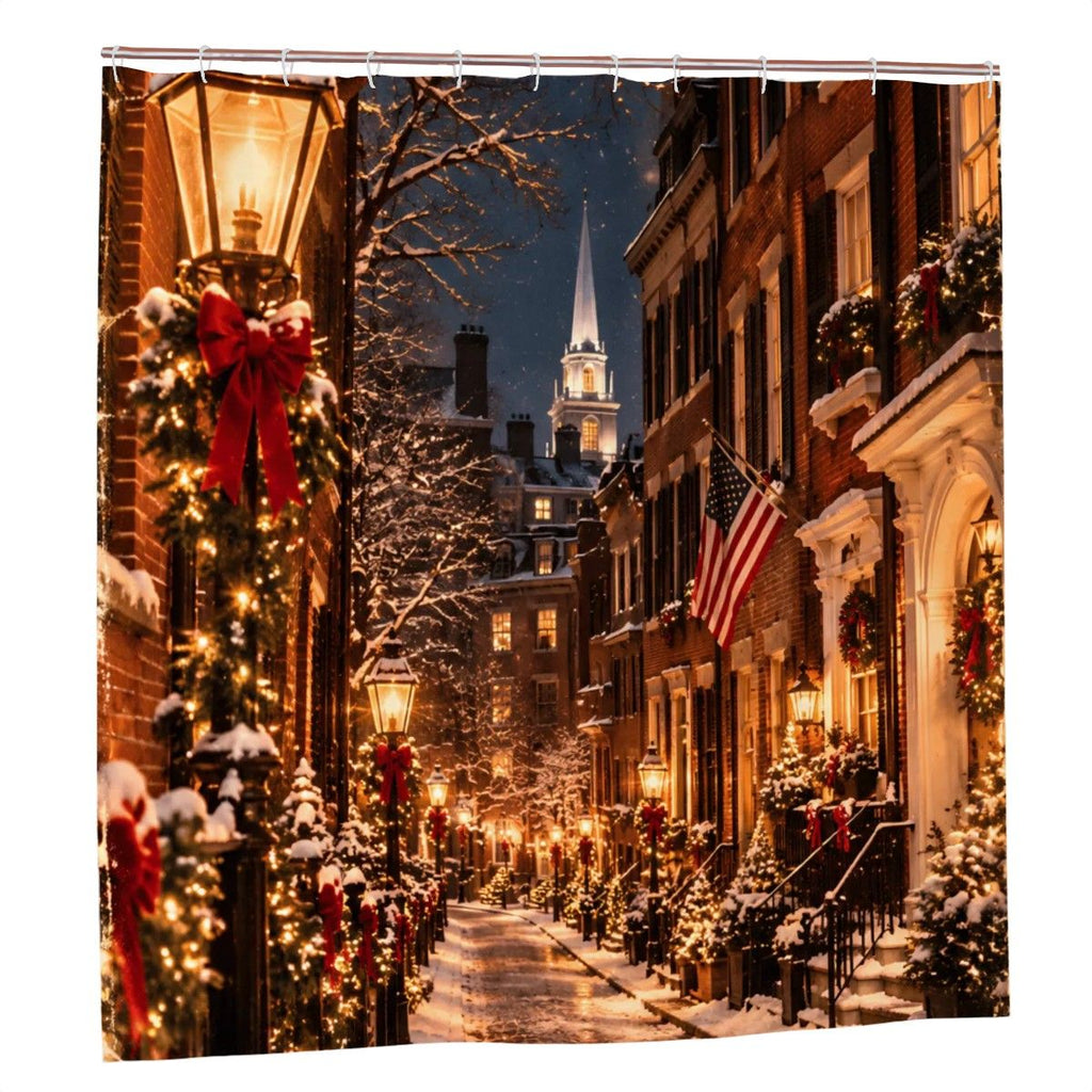 Boston Beacon Hill Christmas Shower Curtain | Snowy Lantern-Lit Street