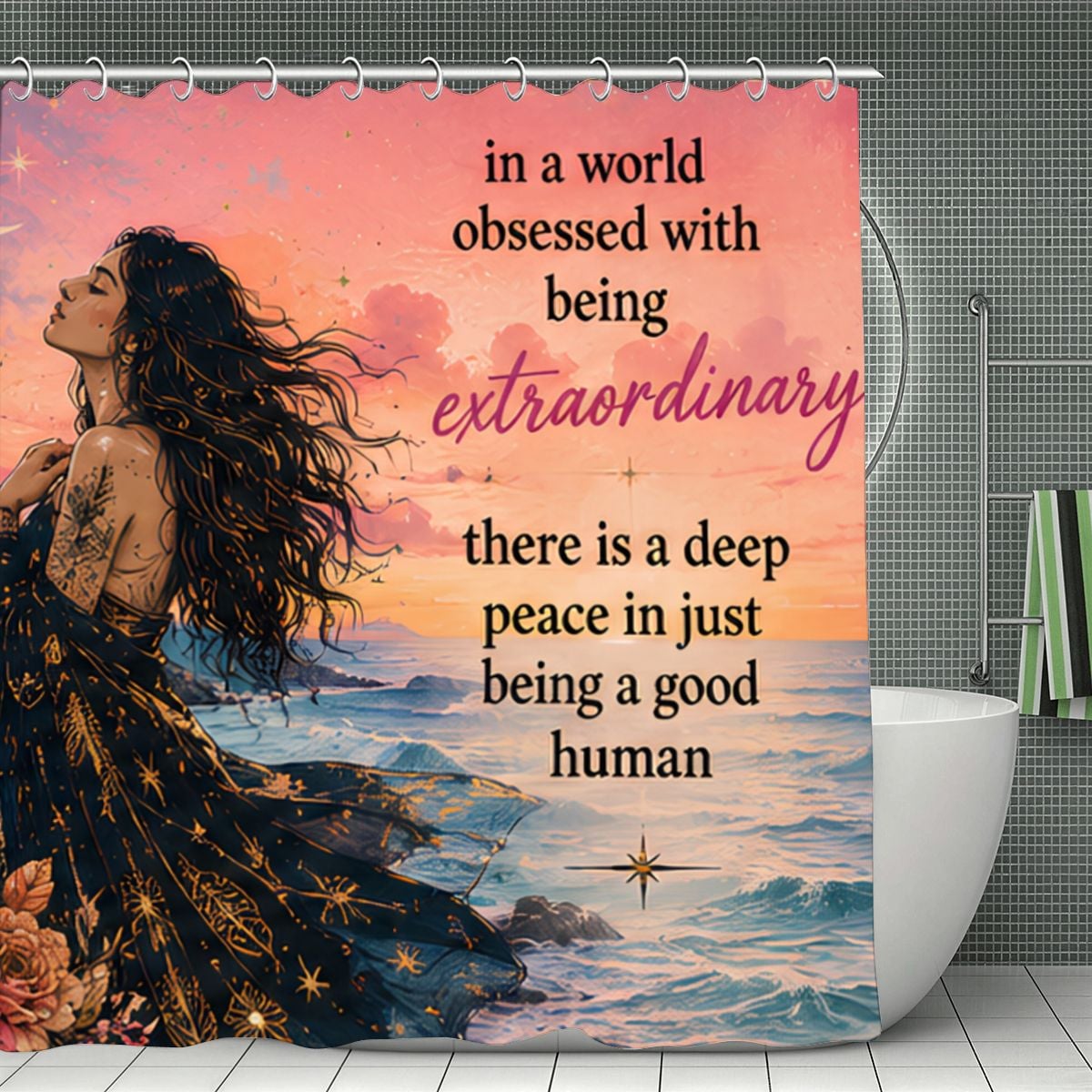 "Be a Good Human" Inspirational Shower Curtain | Coastal Sunset Bathroom Decor