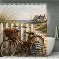 Coastal landscape shower curtain featuring a vintage bicycle with a basket by a white picket fence.