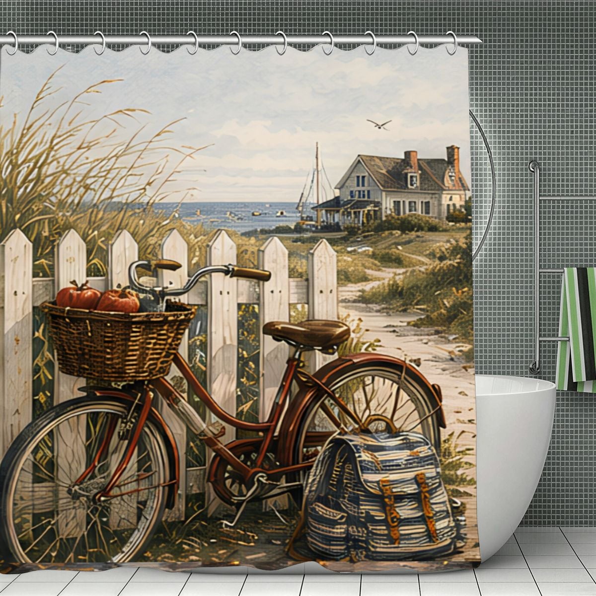 Coastal landscape shower curtain featuring a vintage bicycle with a basket by a white picket fence.