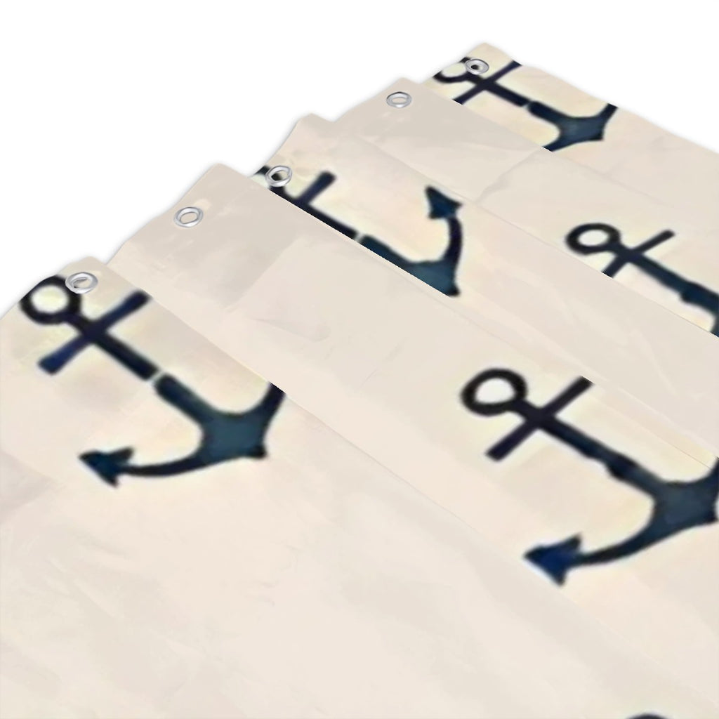 White nautical shower curtain with large blue anchor print and silver grommets.