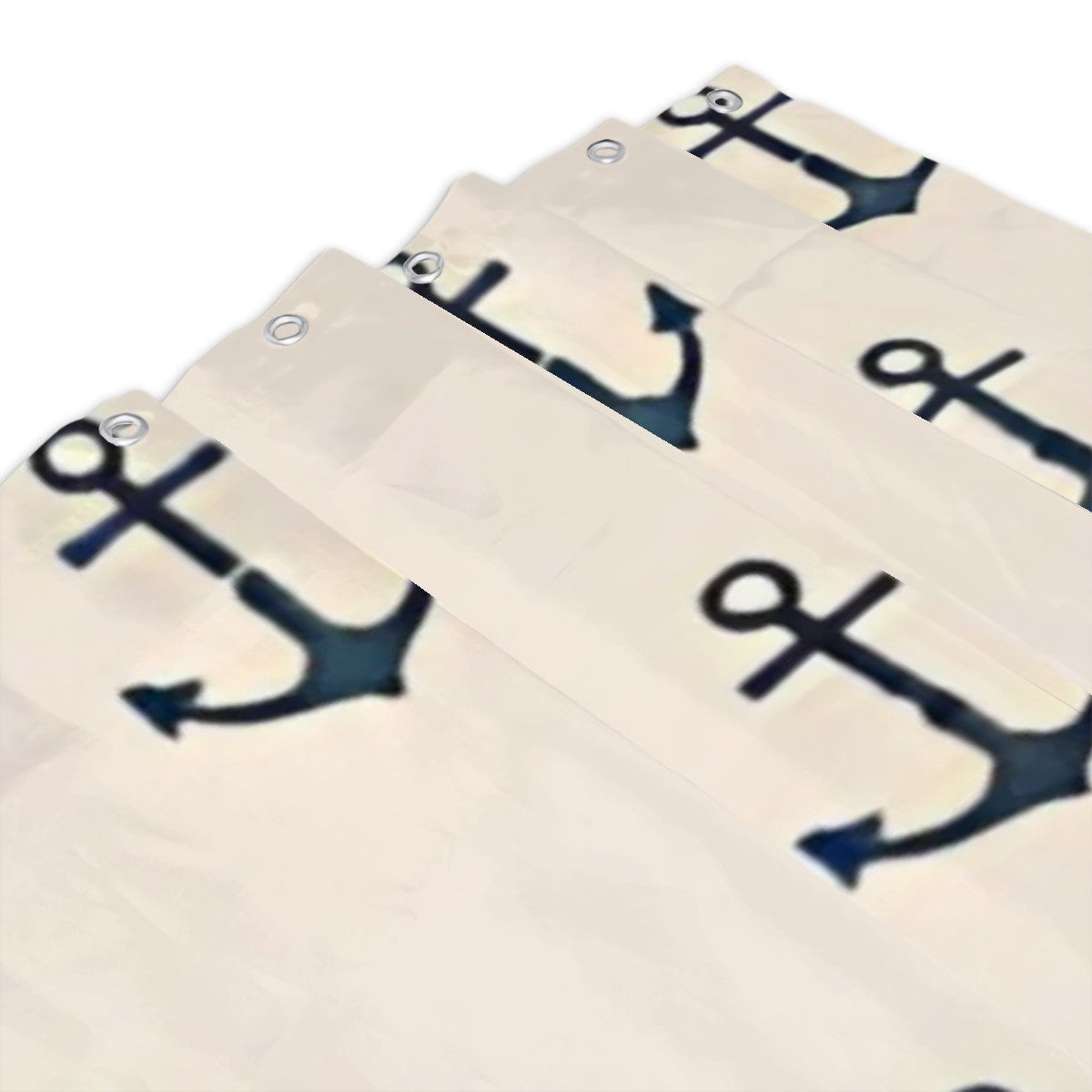 White nautical shower curtain with large blue anchor print and silver grommets.