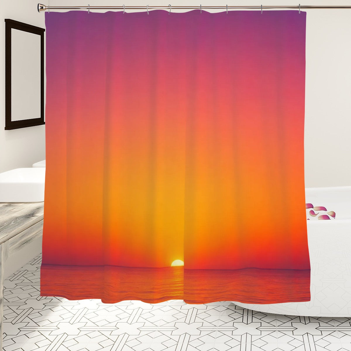Vibrant sunset over the ocean printed shower curtain with orange and purple gradients.