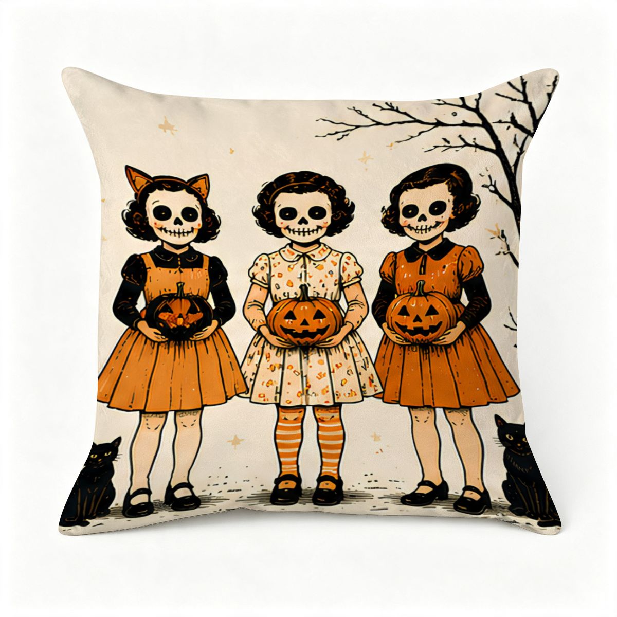 Decorative throw pillow featuring three girls in skeleton face paint holding jack-o'-lanterns.