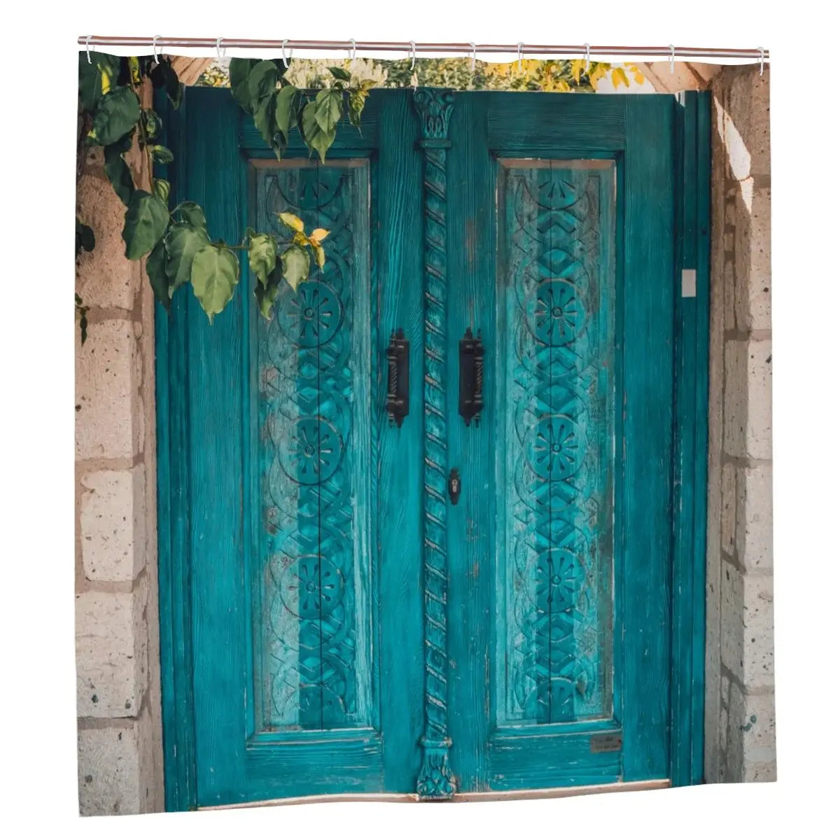 Turquoise carved door shower curtain with intricate patterns, ideal for bathroom decor, by Sandy Beach.