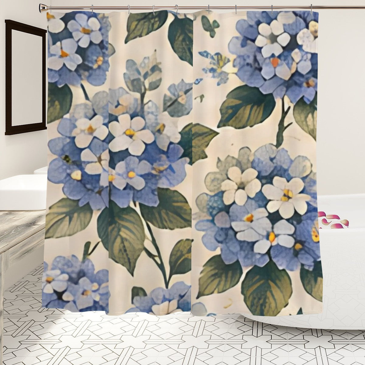 Floral shower curtain with blue and white hydrangea patterns on a cream background.