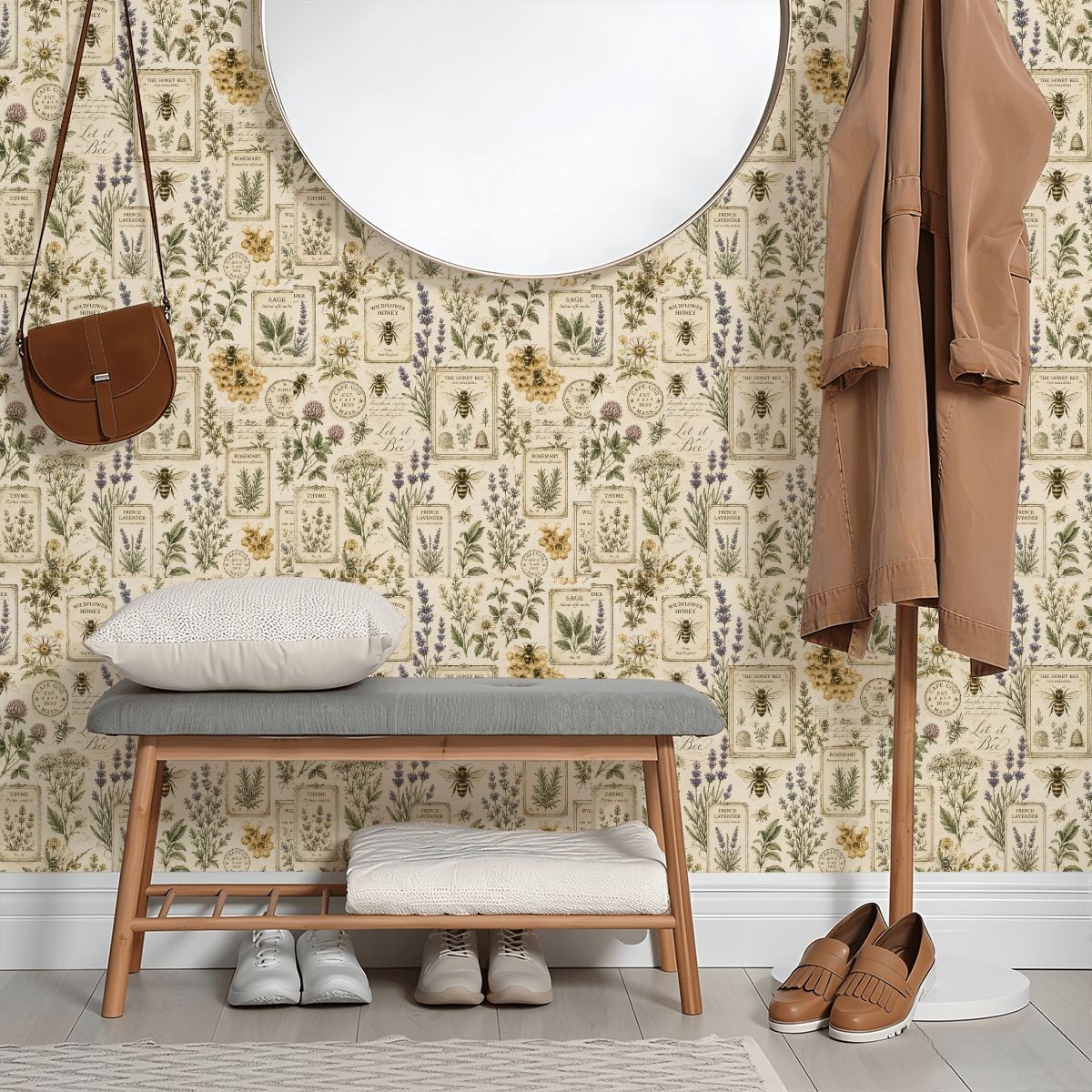 Botanical wildflower wallpaper with a wooden bench, mirror, and tan coat in an entryway.