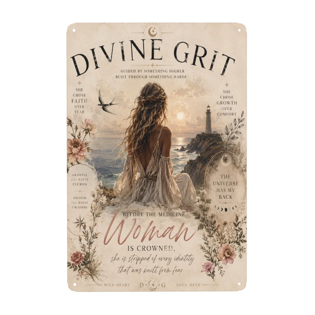 Divine Grit inspirational metal sign featuring a woman by the ocean at sunset.