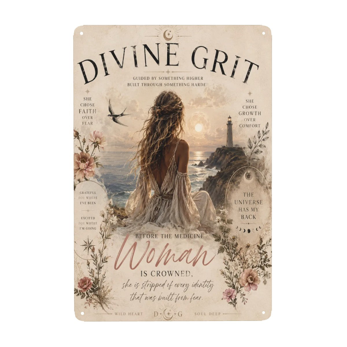 Divine Grit inspirational metal sign featuring a woman by the ocean at sunset.