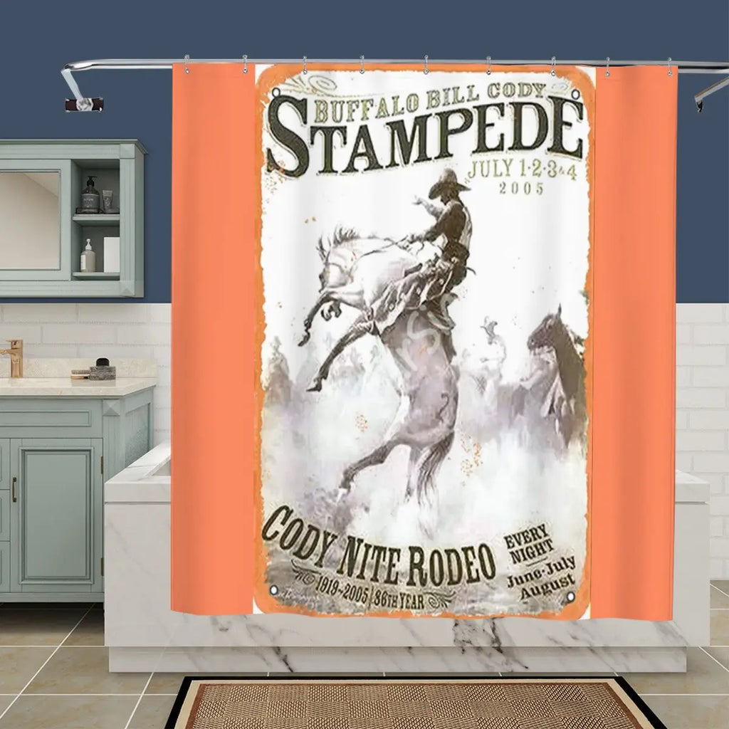 Stampede Rodeo Poster Shower Curtain by Sandy Beach, colorful Western rodeo scene for bathroom decor.