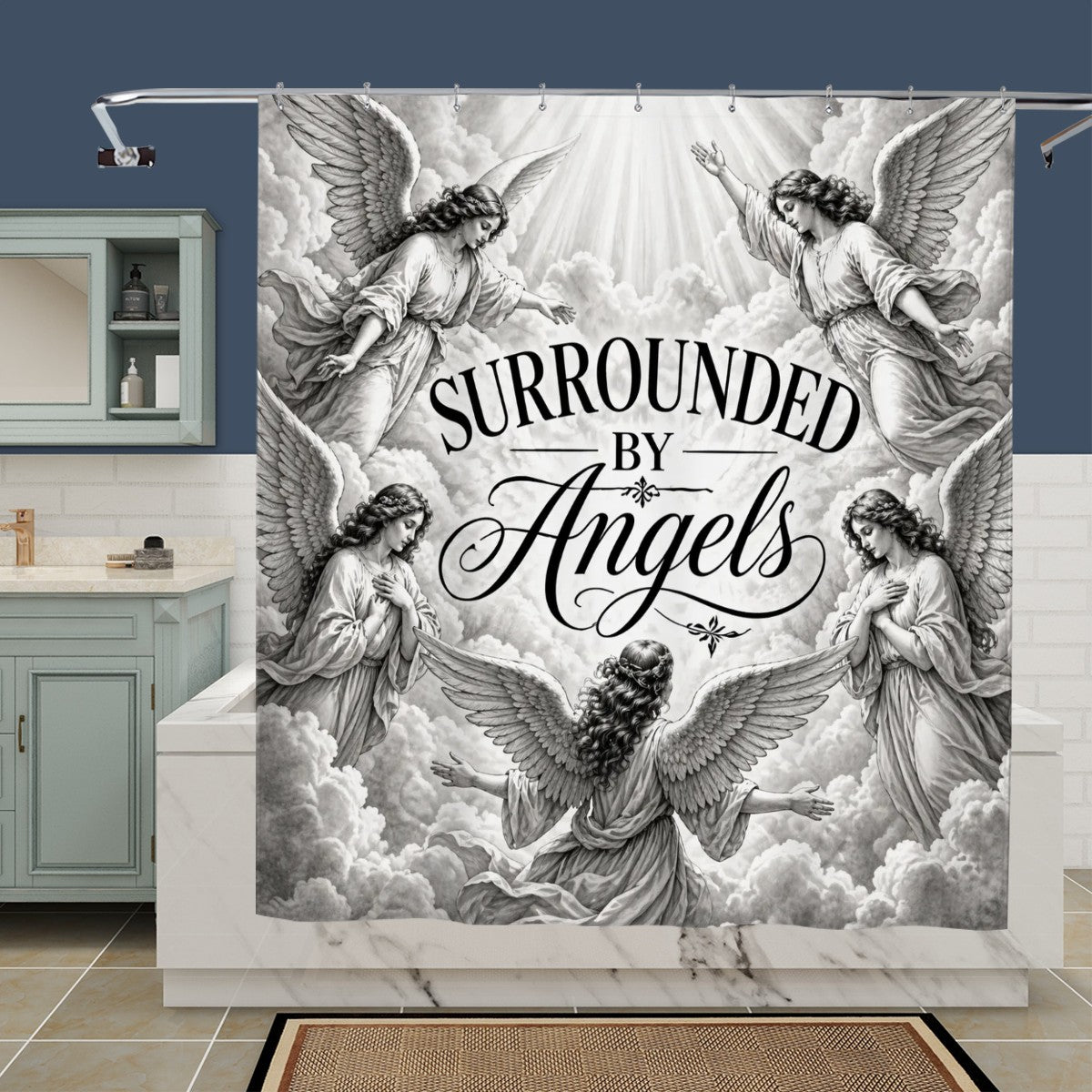 Sandy Beach bathroom decor shower curtain with ocean-themed design hanging in a modern bathroom setting
