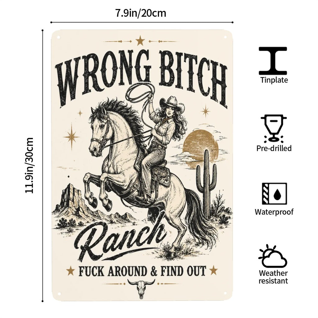 Western style tinplate ranch sign featuring a cowgirl riding a horse in a desert landscape.
