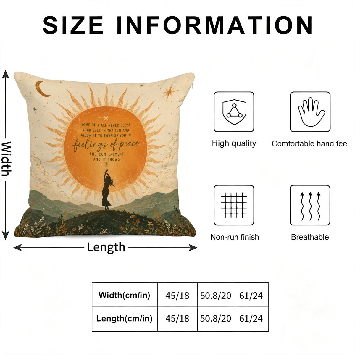 Size chart for a decorative sun and mountain themed throw pillow with text.